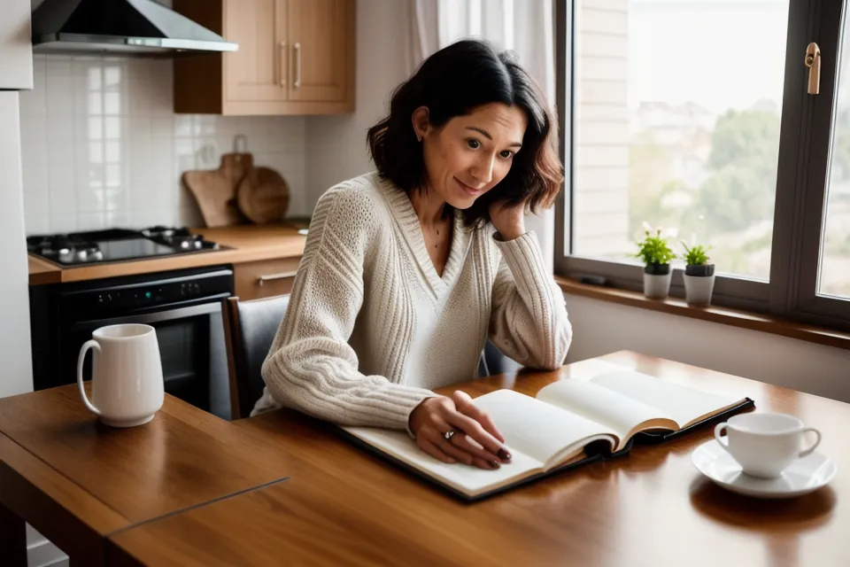 Pauline réfléchissant devant du code Python et une liste découpée par slicing, dans sa cuisine le soir.