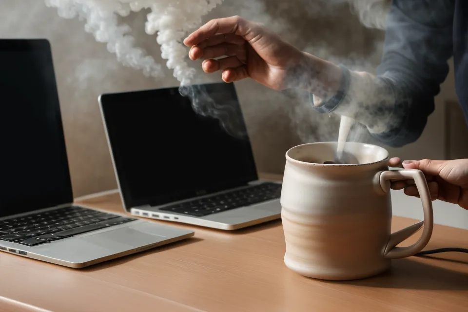 Gros plan sur une tasse de café et une erreur de code sur un écran.